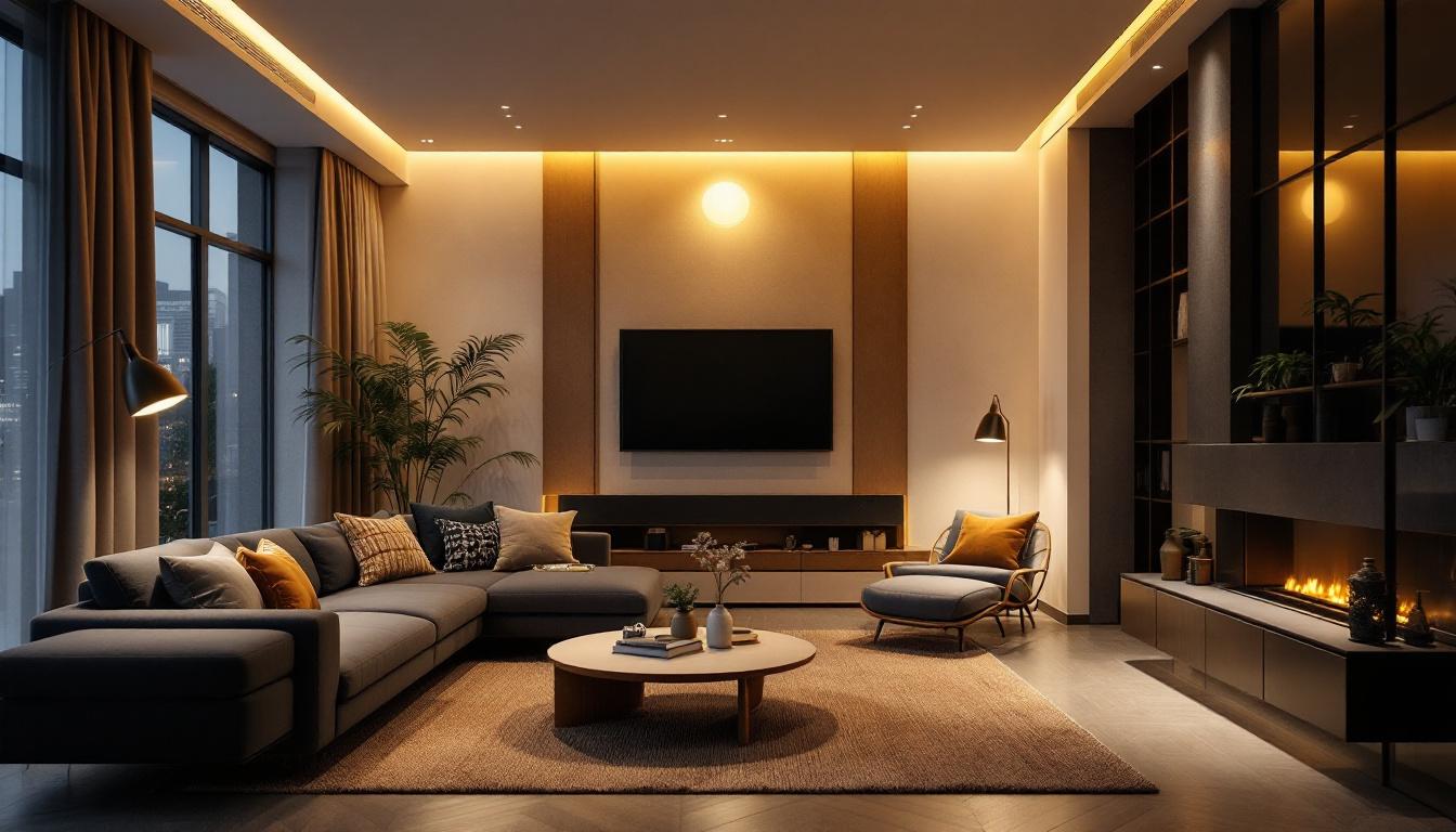 A photograph of a stylish living room or modern workspace featuring bluetooth recessed lights in action