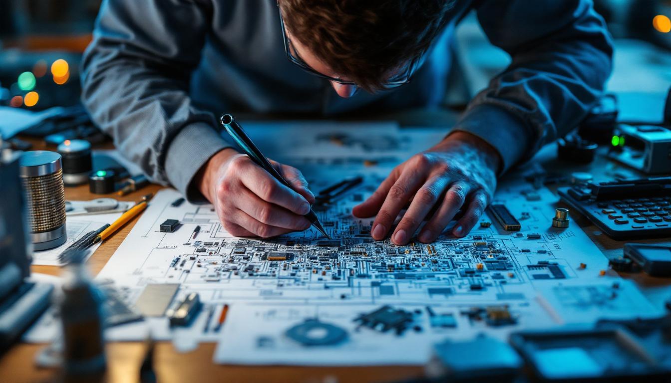 A photograph of a skilled electrical engineer working on a complex circuit design