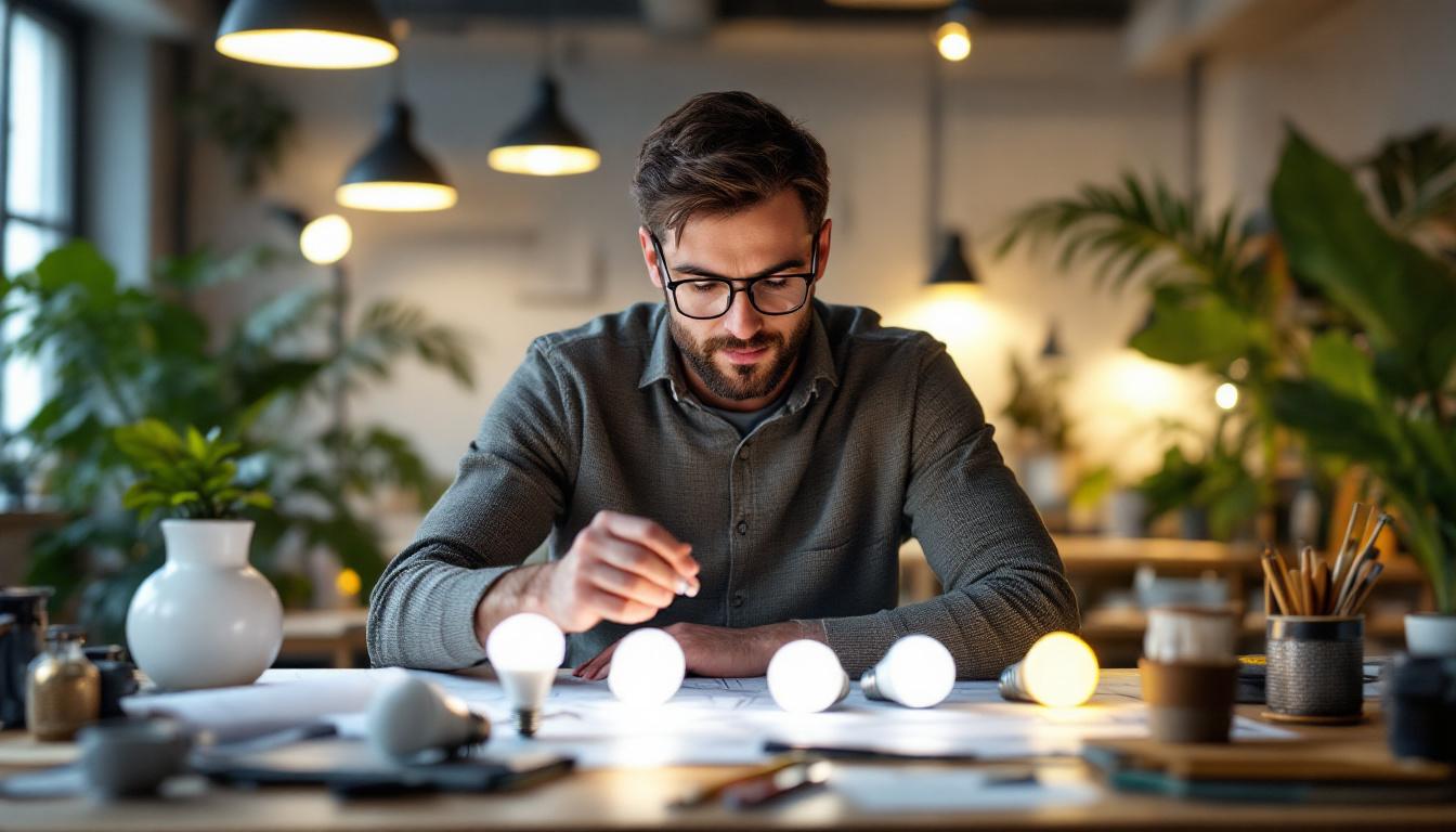 A photograph of a well-lit modern workspace featuring an engineer examining various led ceiling bulbs