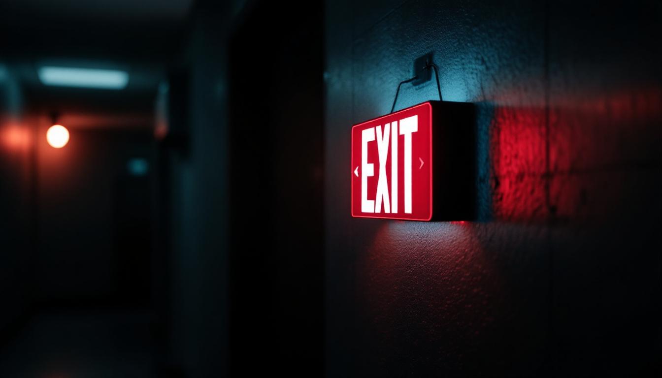A photograph of a well-lit emergency exit sign in a dimly lit corridor