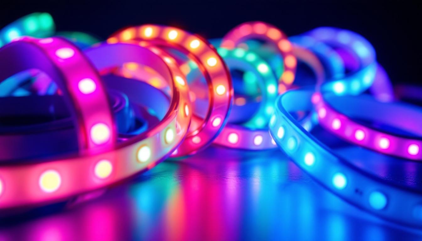 A photograph of a close-up shot of vibrant led tape light strips in various colors