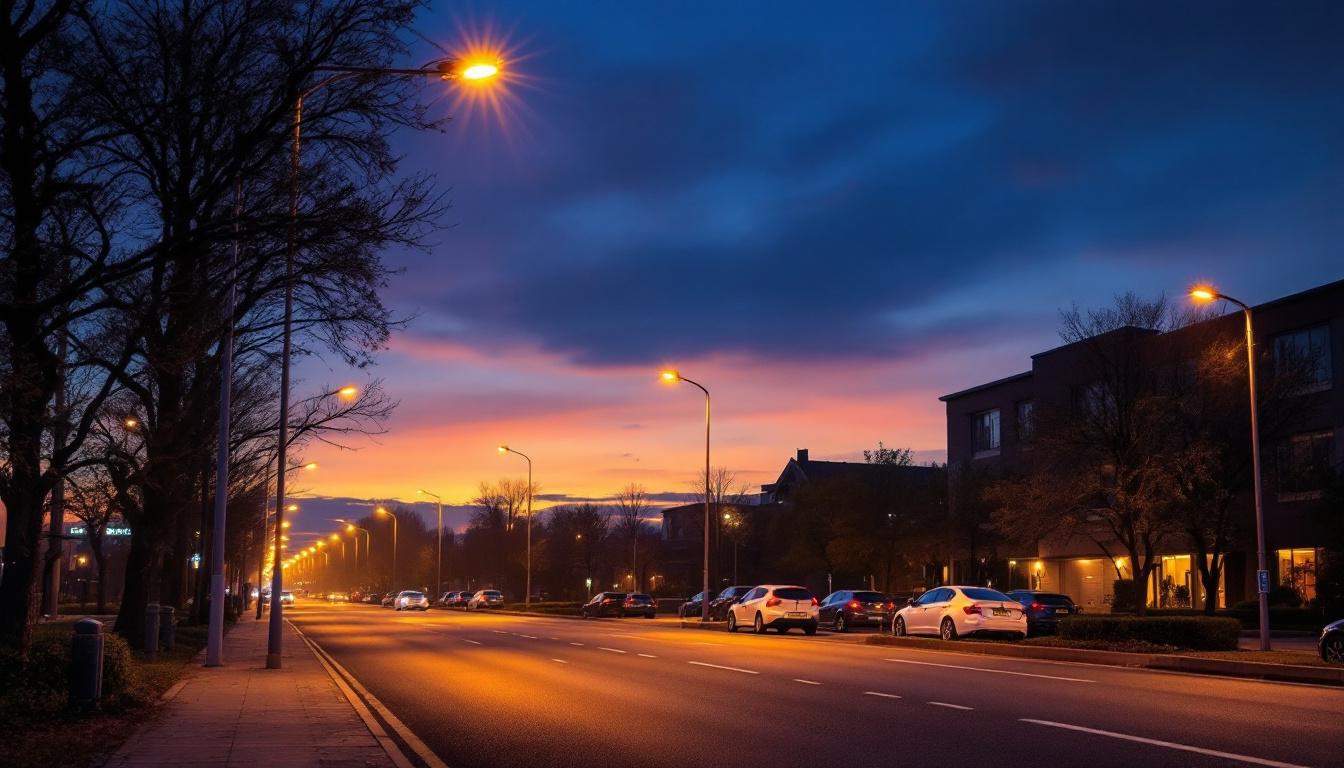 A photograph of a well-lit urban street scene at dusk