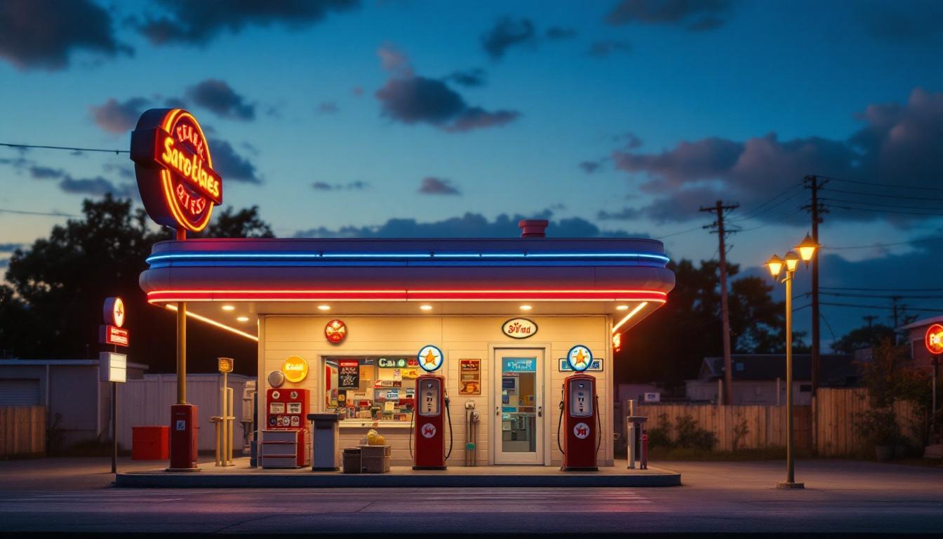 A photograph of a vintage gas station illuminated at dusk