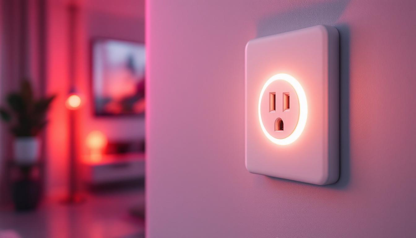 A photograph of a modern electrical outlet featuring an integrated led light