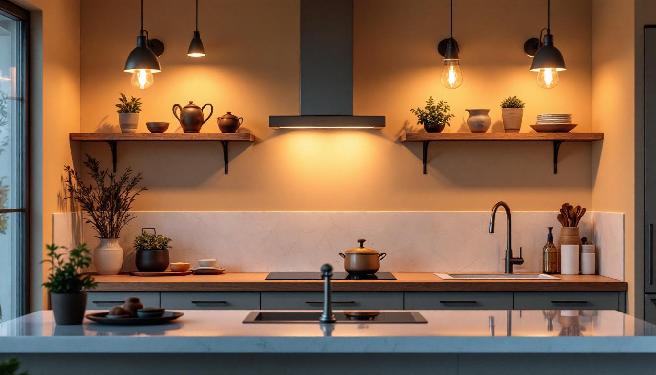 A photograph of a beautifully illuminated kitchen featuring stylish pot lights