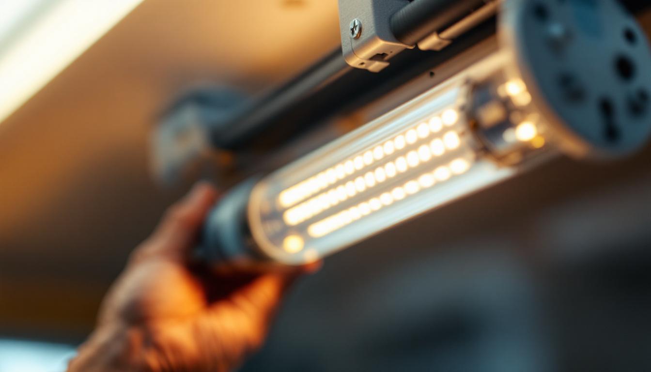 A photograph of a close-up of a t8 led bulb being installed in a fixture