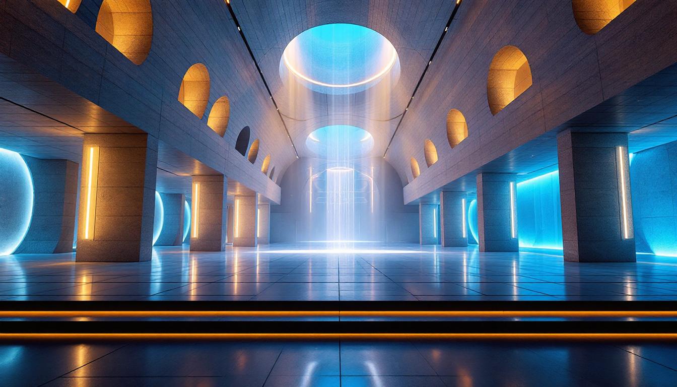 A photograph of a striking architectural space illuminated by innovative lighting designs