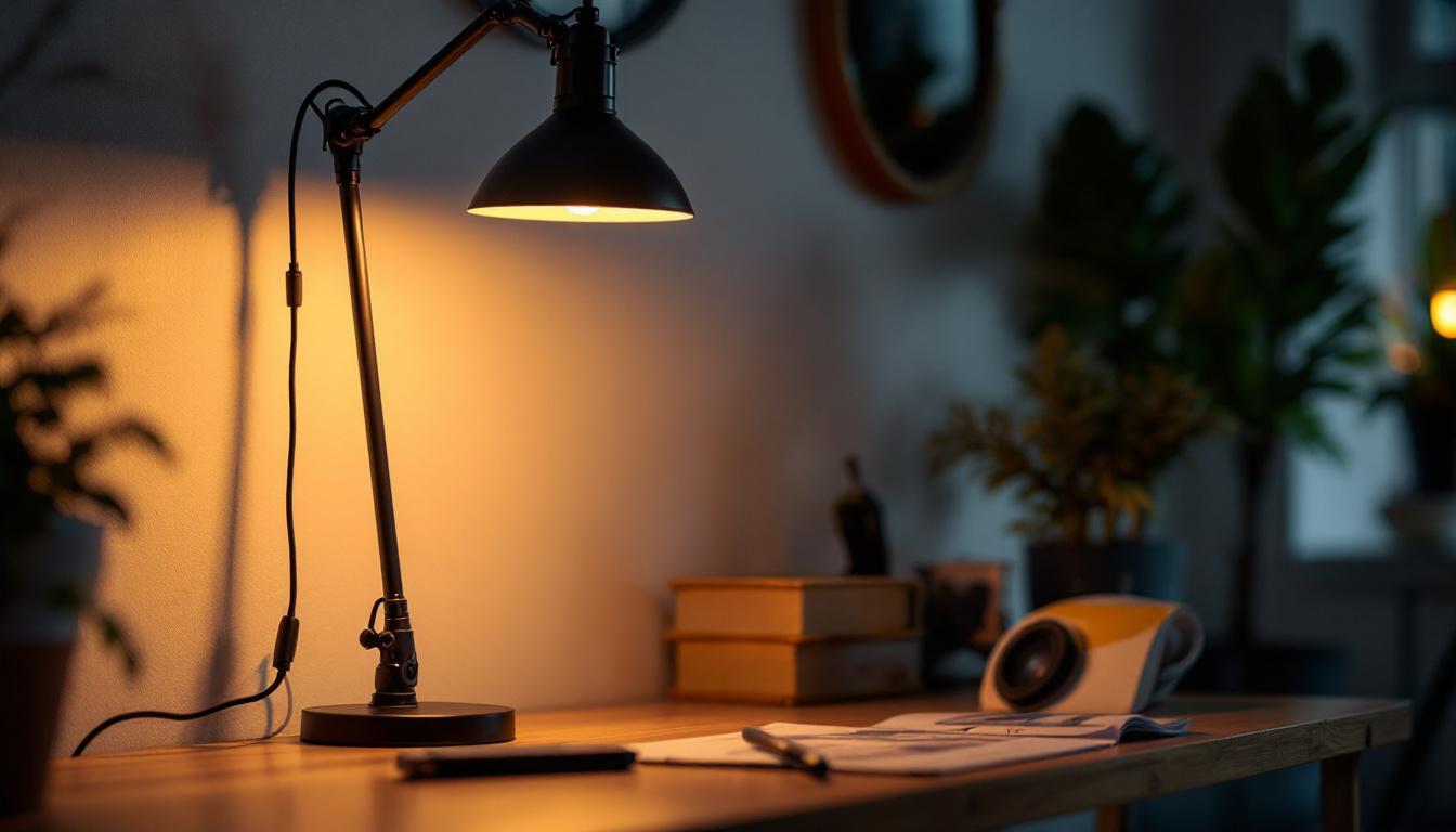 A photograph of a stylish industrial lamp in a modern workspace