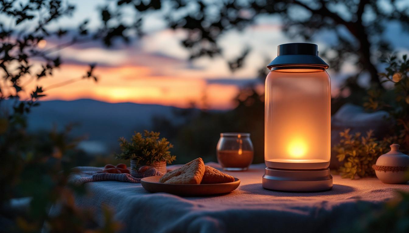 A photograph of a beautifully designed large solar-powered lantern illuminating a cozy outdoor setting at dusk