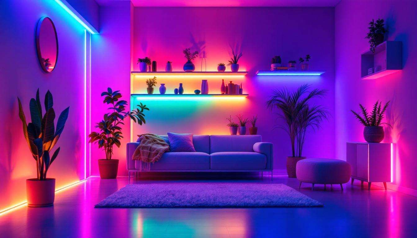 A photograph of a vibrant and stylish interior space illuminated by colorful led tape lights