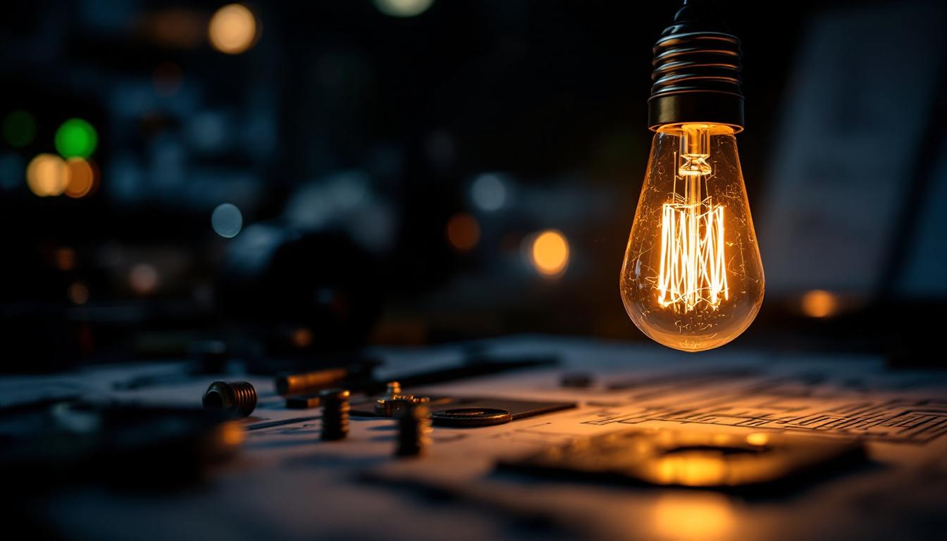 A photograph of a close-up shot of a halogen light bulb illuminated in a dark setting