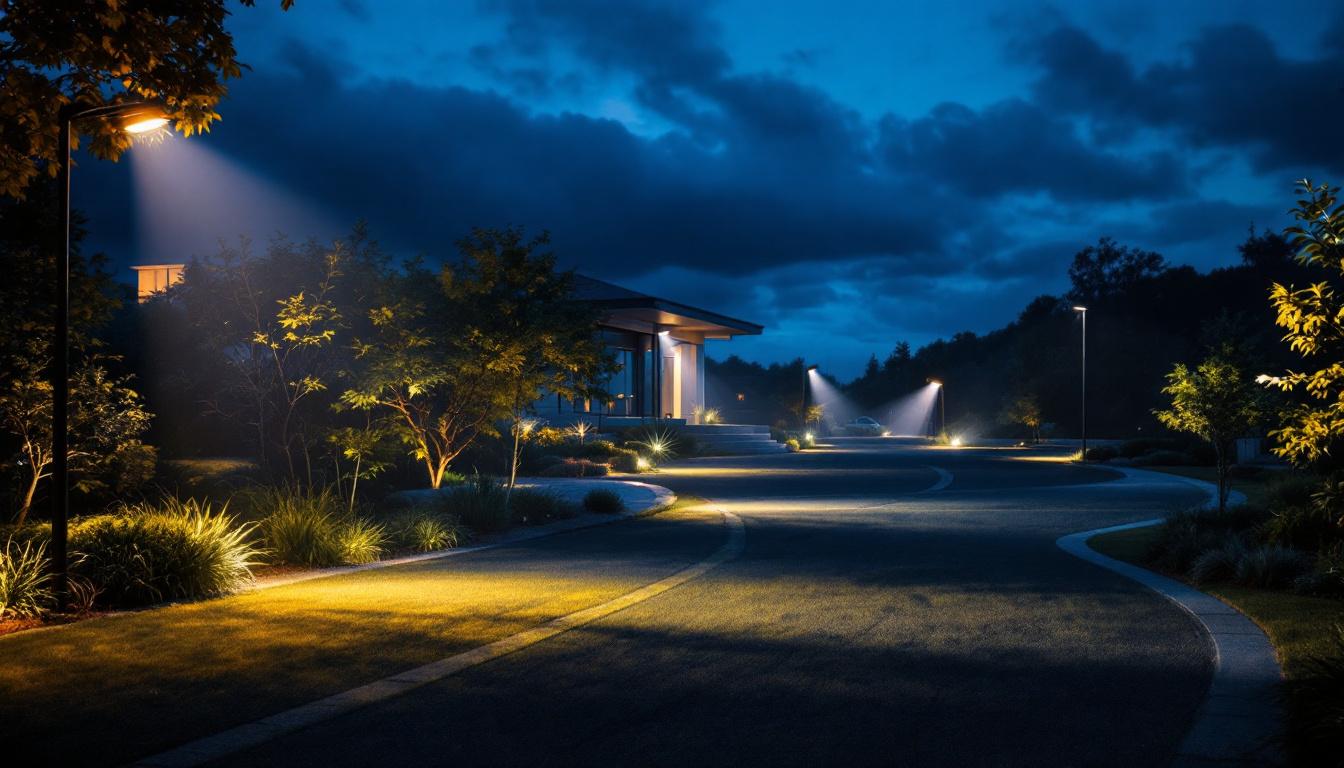 A photograph of a well-lit outdoor scene showcasing various led flood lights in use