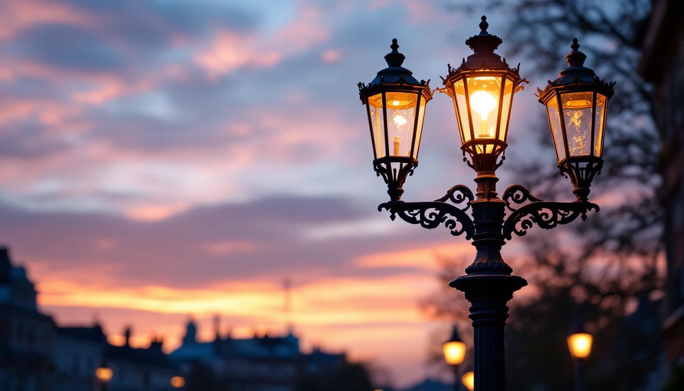 A photograph of a beautifully designed cast iron street light post illuminated at dusk