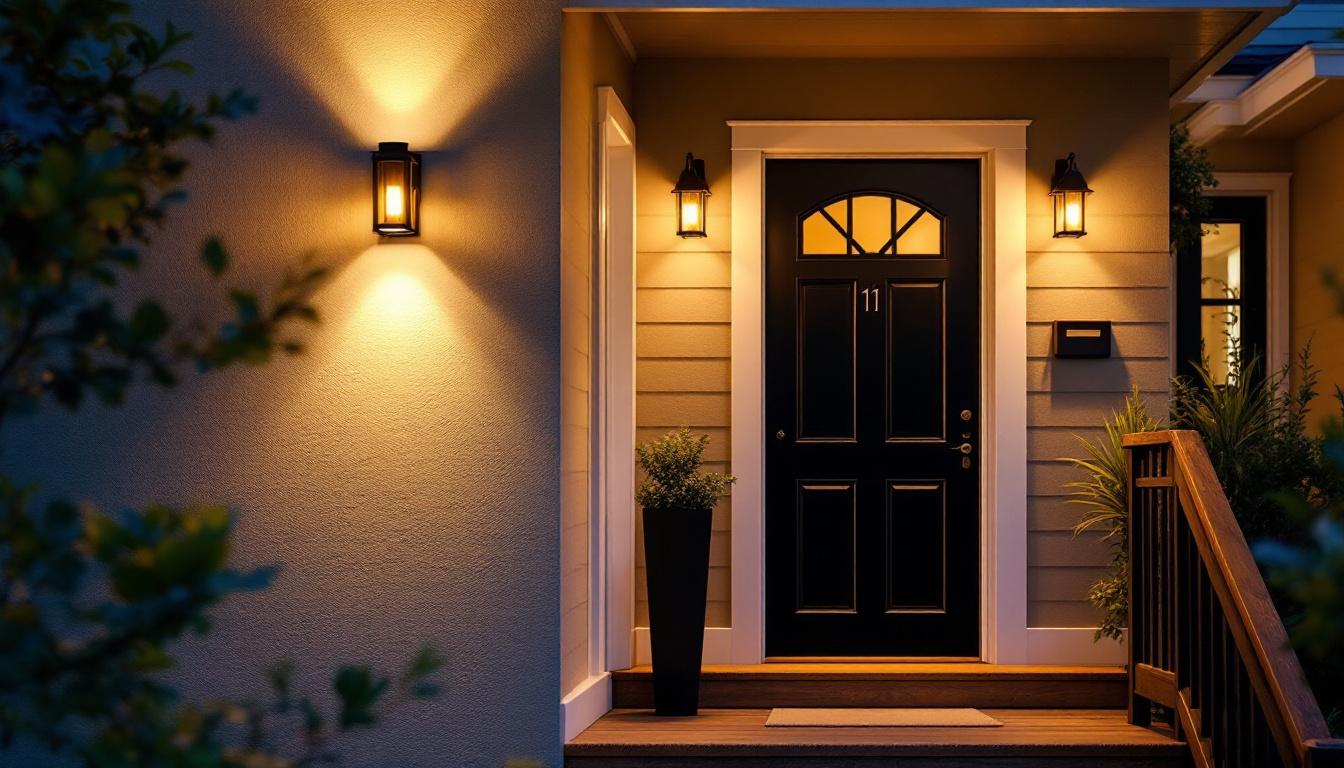 A photograph of a beautifully illuminated outdoor front door with a stylish light fixture