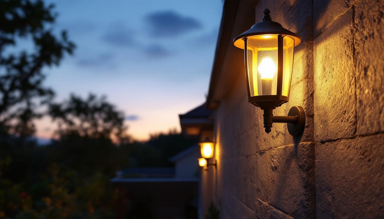 A photograph of a beautifully designed solar exterior lantern illuminated at dusk