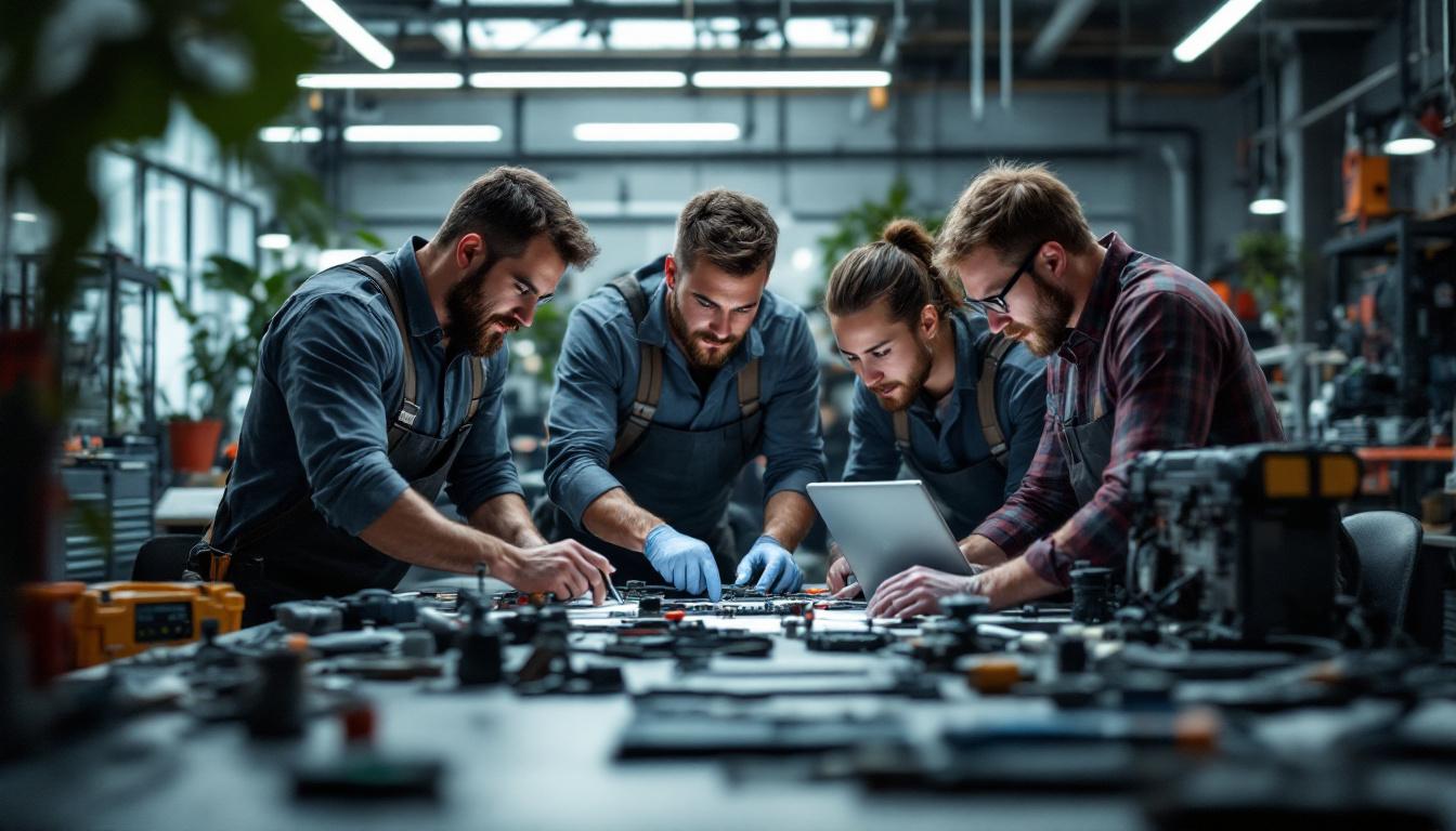 A photograph of a group of electrical engineers collaborating in a modern gym setting