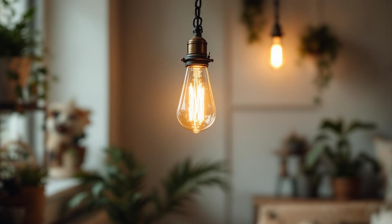 A photograph of a beautifully styled vintage hanging chain lamp in a cozy interior setting