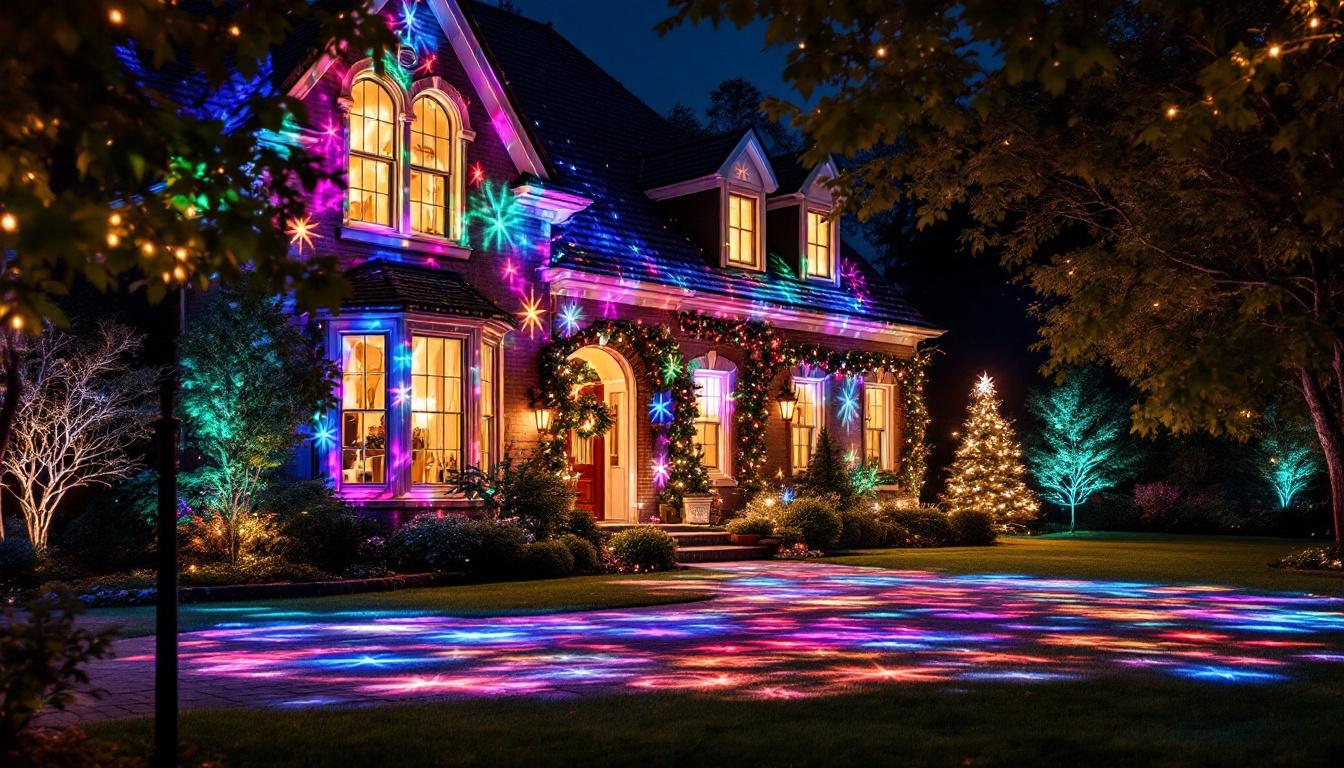 A photograph of a beautifully illuminated outdoor scene featuring large-scale christmas projector solar lights in action