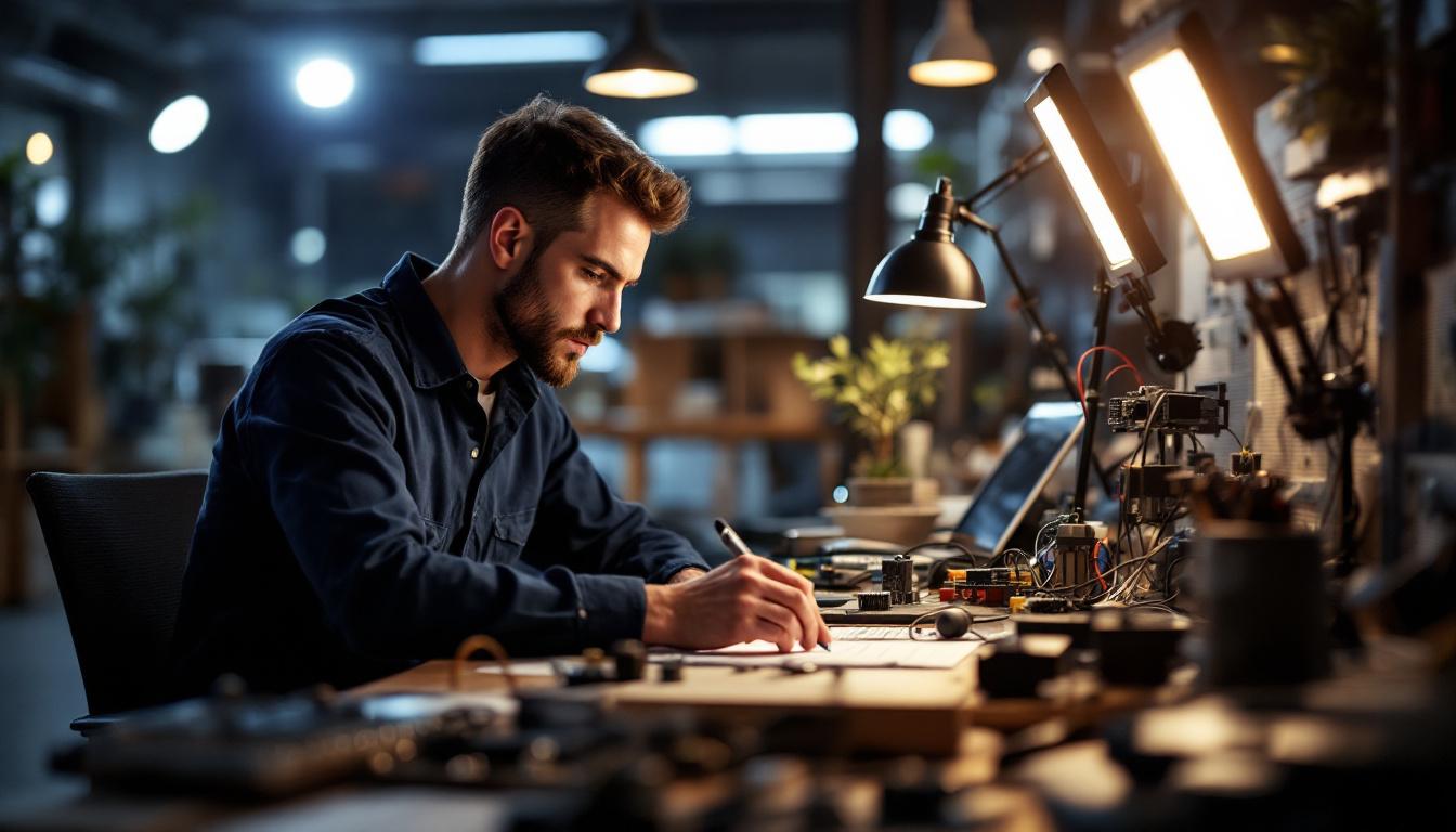 A photograph of a skilled electrical engineer working intently at a well-lit workstation