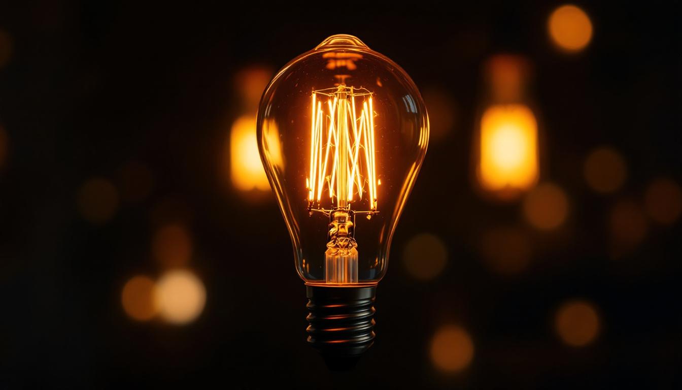 A photograph of a close-up of a glowing g lamp bulb