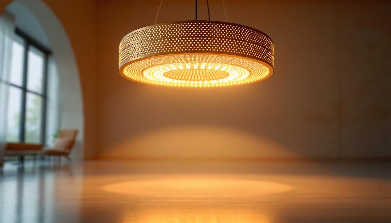 A photograph of a beautifully designed suspended light fixture in an elegantly lit interior space