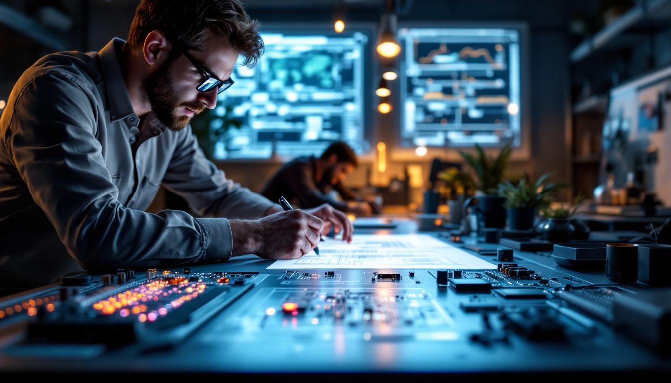 A photograph of a modern electrical engineering workspace featuring led lighting in action