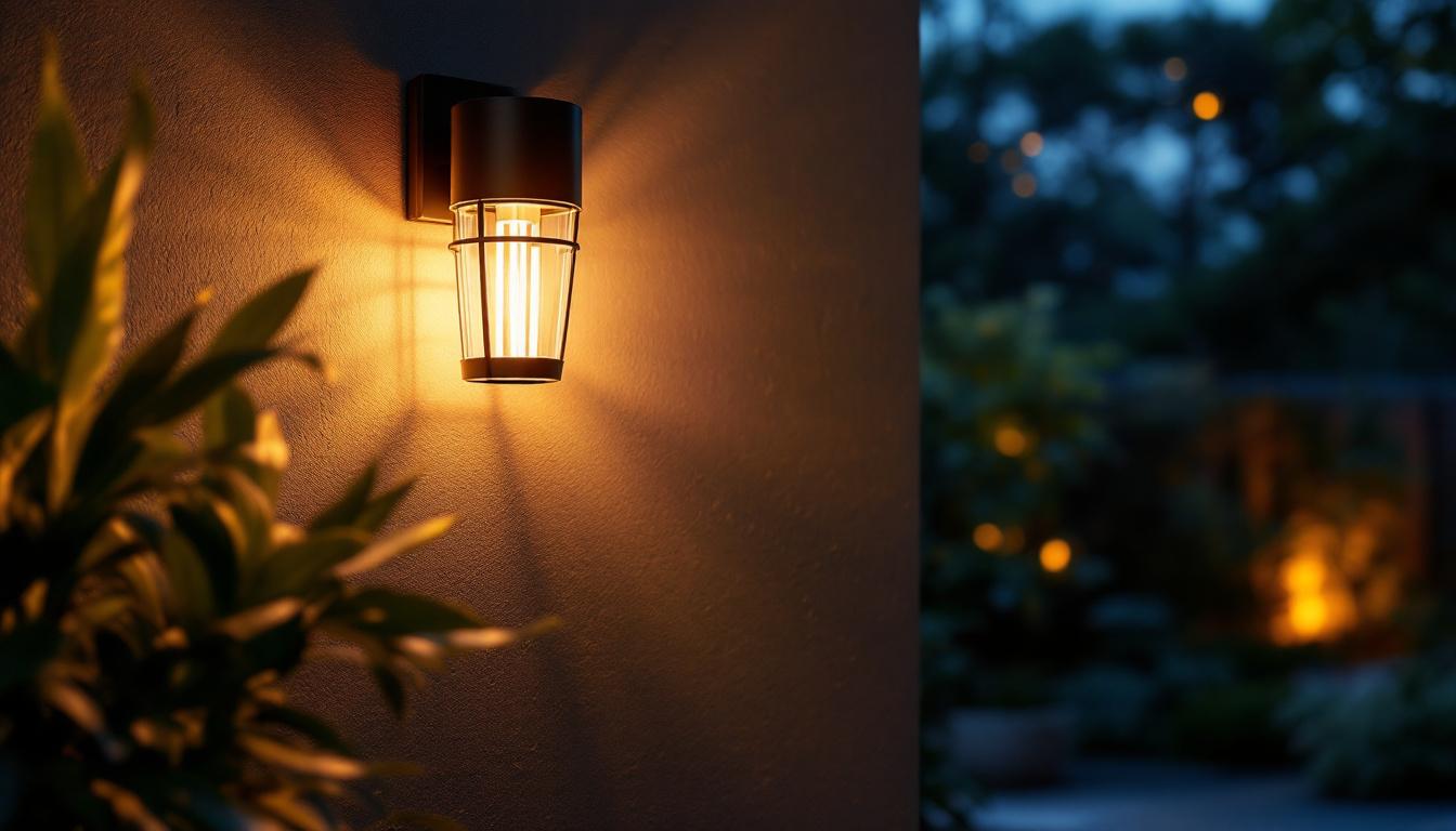A photograph of a beautifully designed outdoor wall light equipped with a photocell sensor