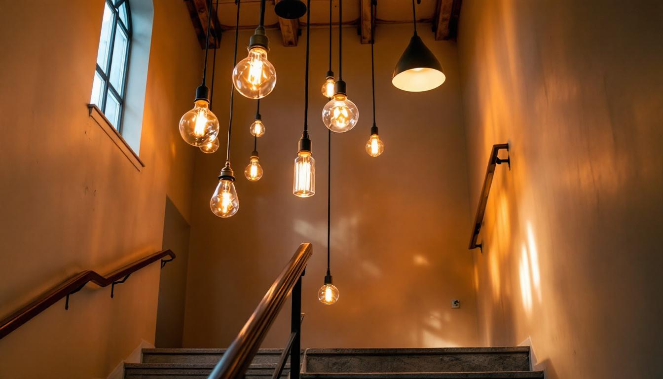 A photograph of a beautifully designed stairwell featuring various hanging light fixtures that highlight the space's architectural details and create an inviting atmosphere
