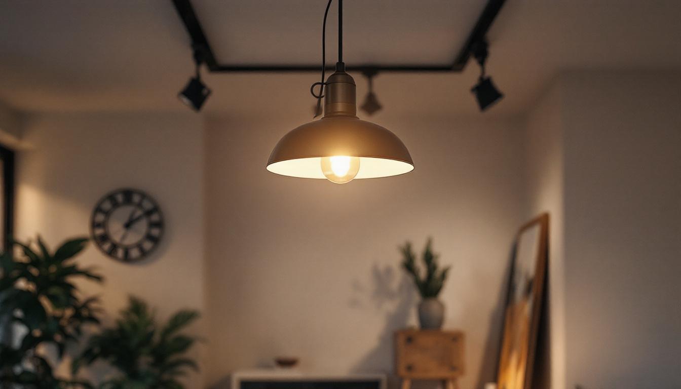 A photograph of a stylish modern hanging ceiling light fixture in a well-designed interior space