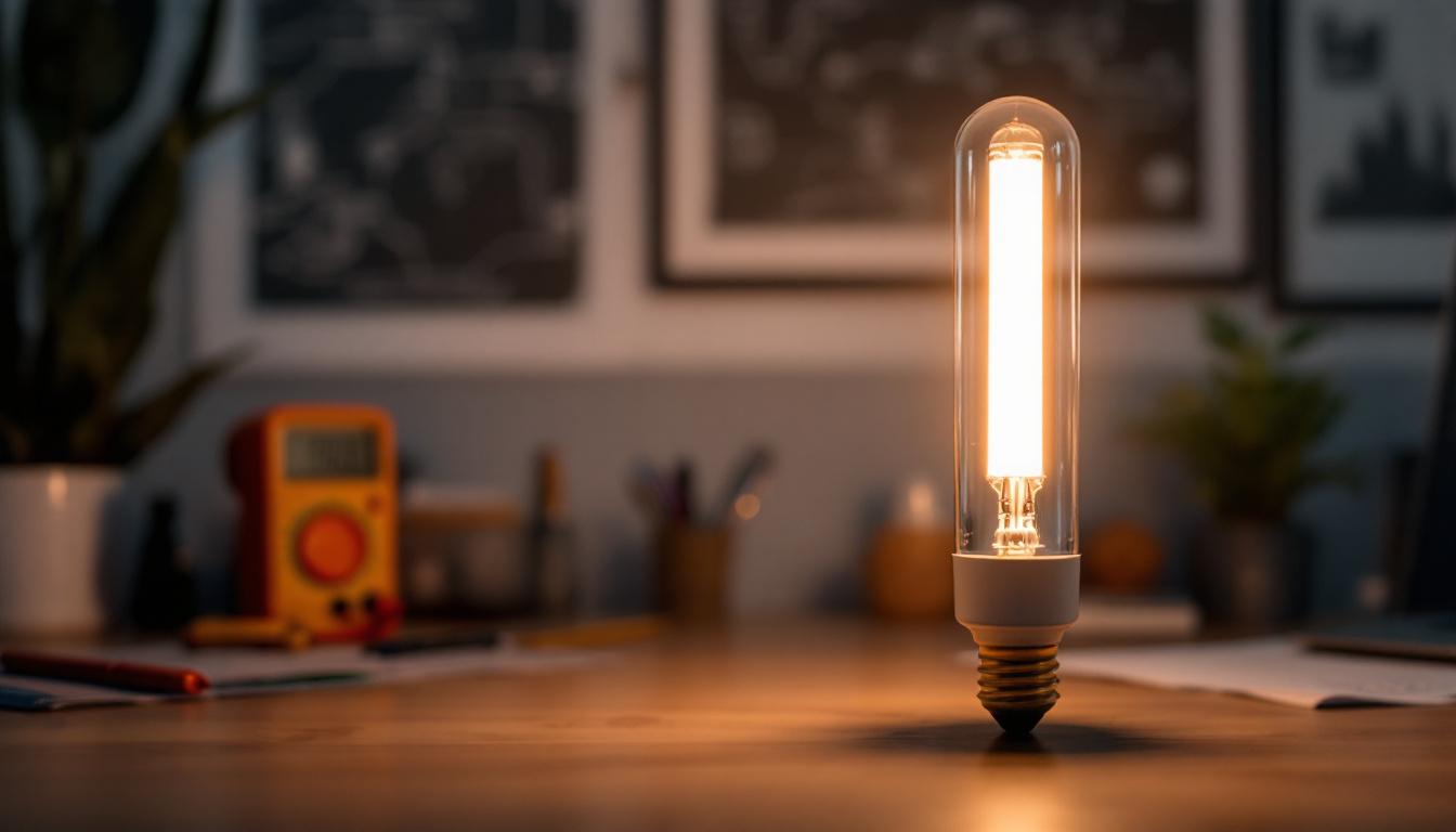 A photograph of a sleek led tube bulb illuminated in a modern workspace