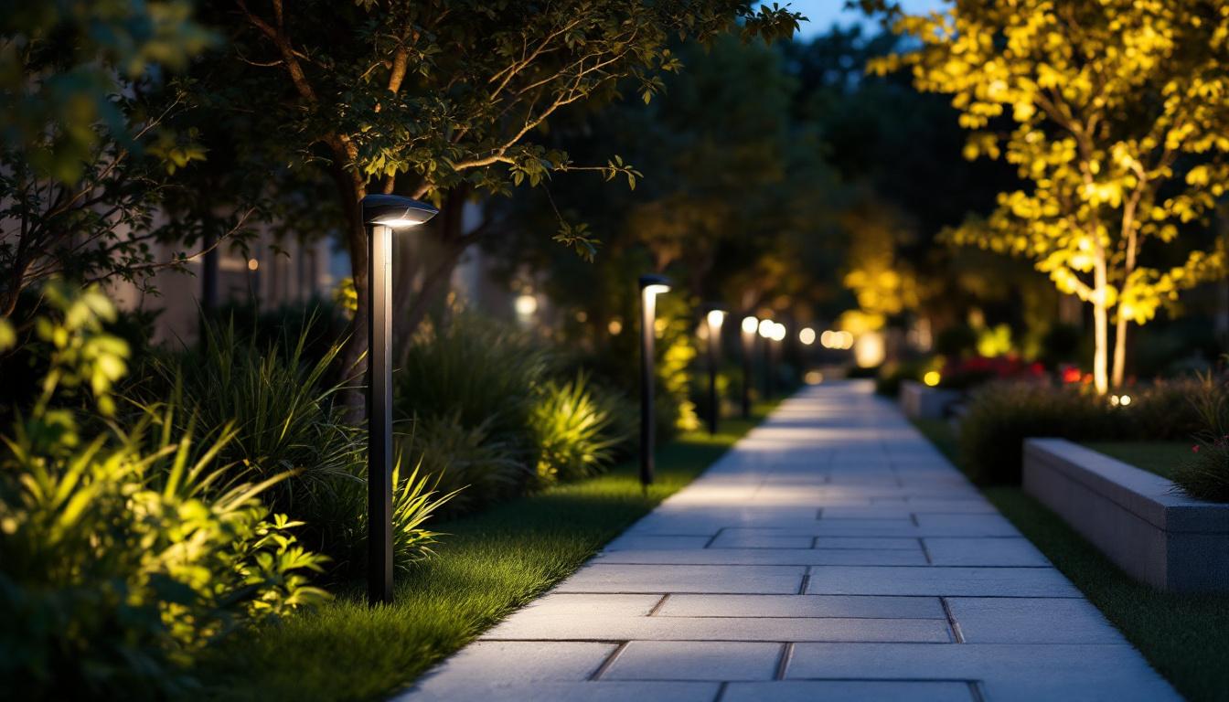 A photograph of capture a photograph of a well-lit outdoor space featuring strategically placed motion sensor lights illuminating pathways and key areas