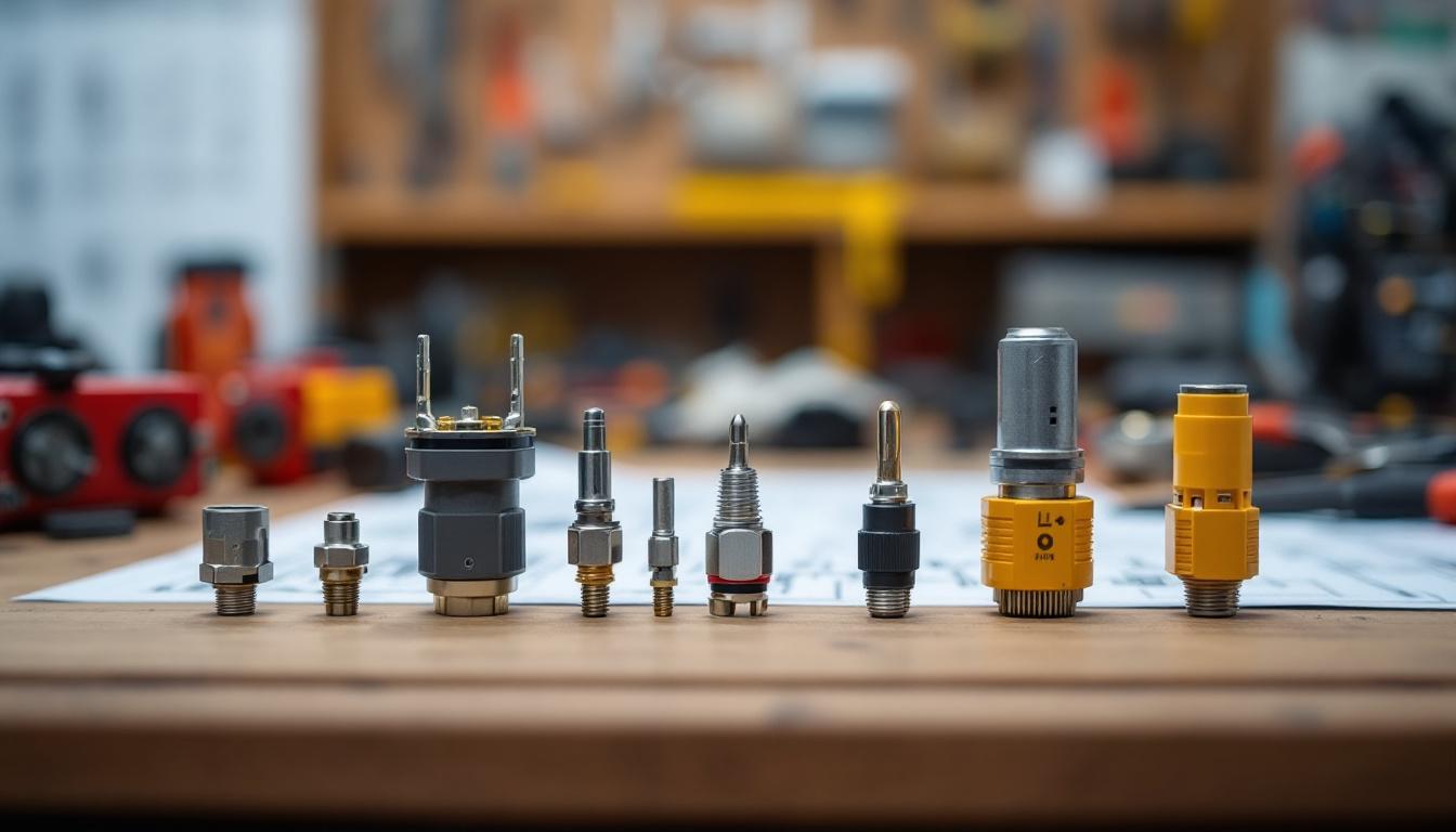 A photograph of a close-up of various low voltage connectors arranged on a workbench