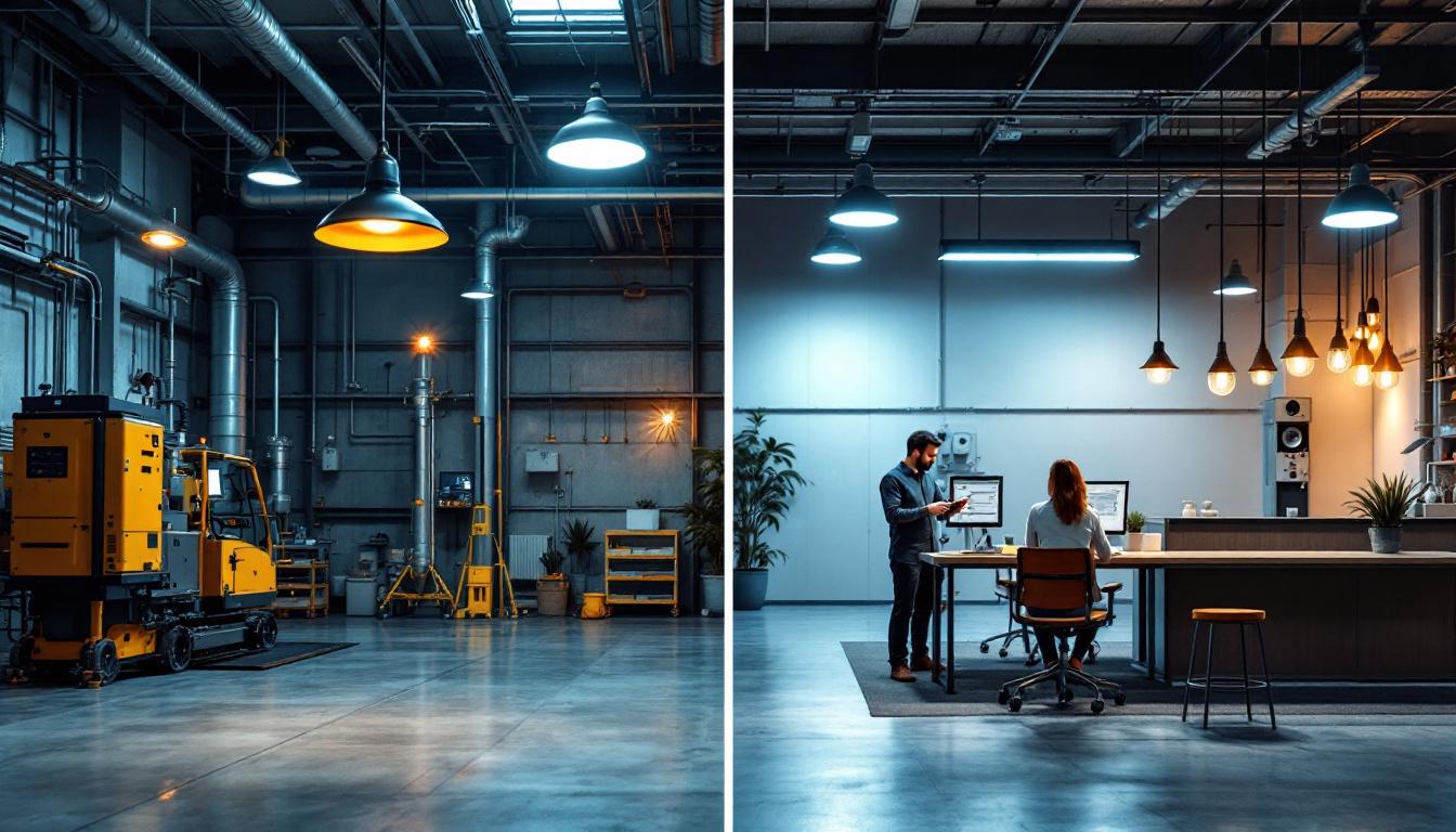 A photograph of a side-by-side comparison of an industrial lighting setup