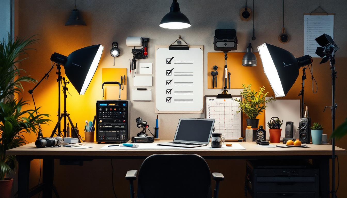 A photograph of a well-organized lighting engineer's workspace featuring a variety of light fixtures