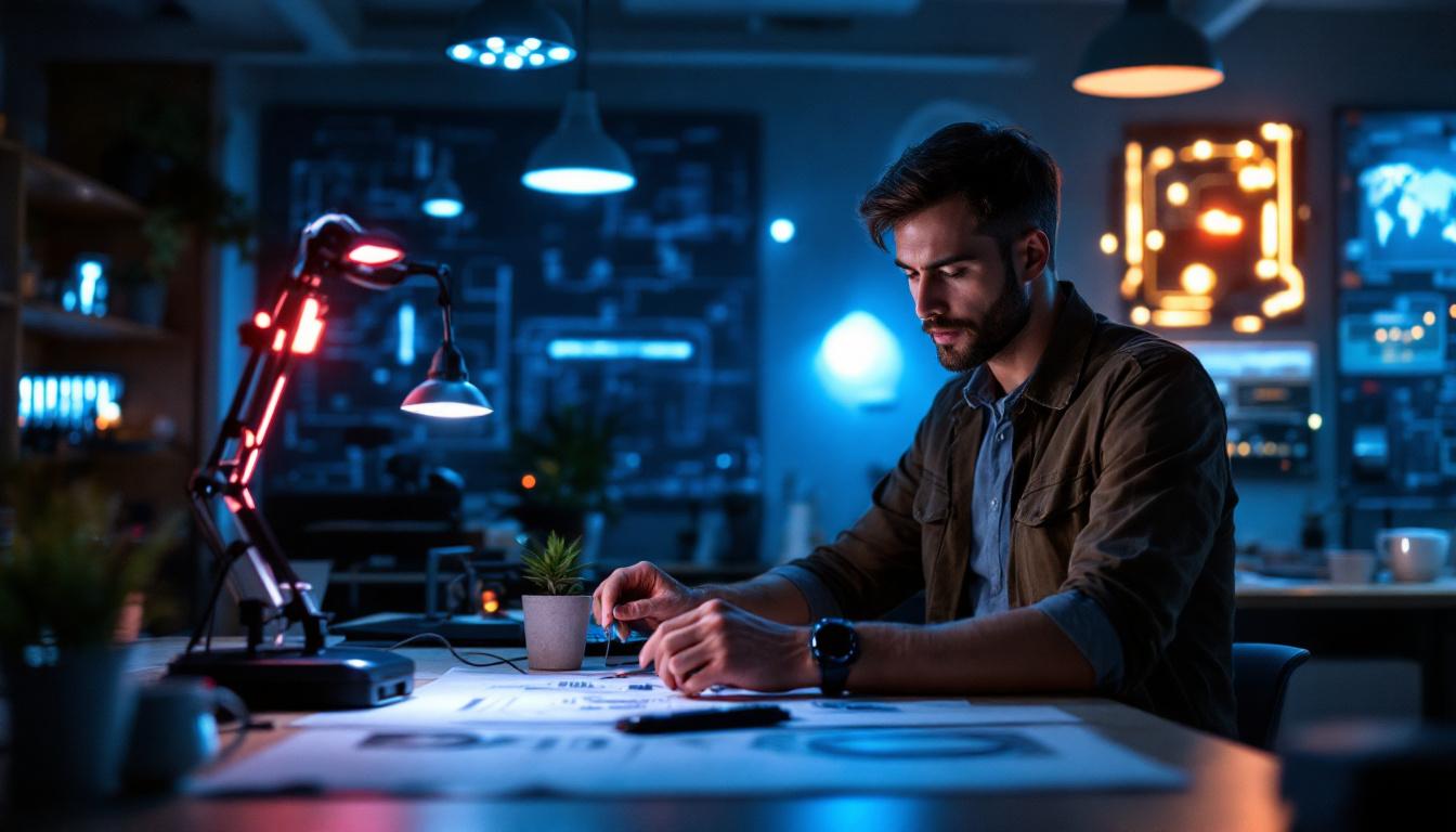 A photograph of a well-lit workspace featuring an electrical engineer examining led lighting designs