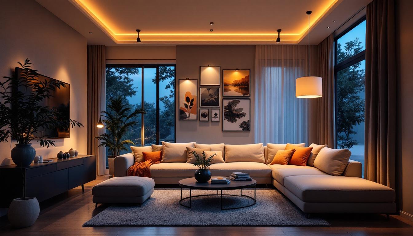 A photograph of a beautifully designed living space featuring remote control pot lights in action