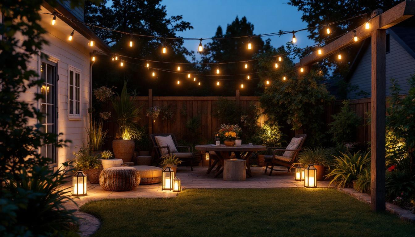 A photograph of a beautifully lit backyard at dusk