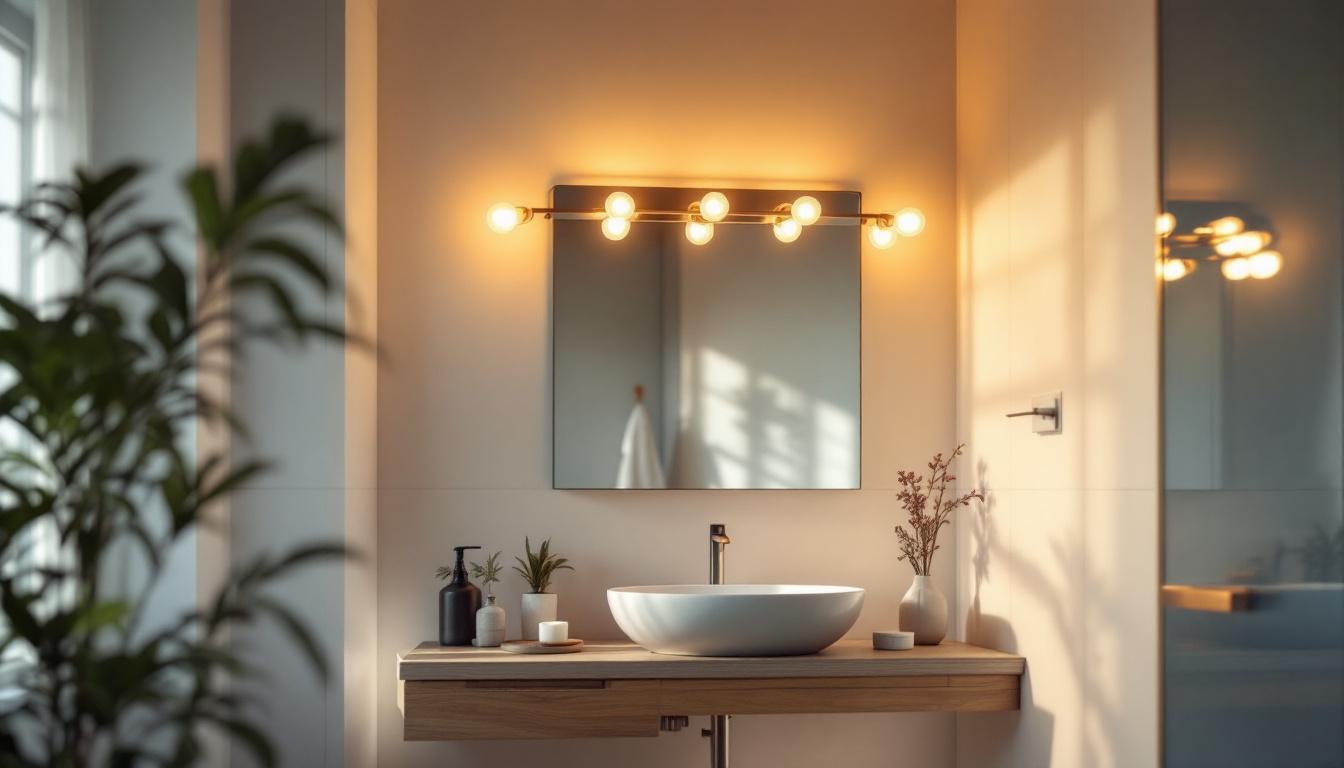 A photograph of a stylishly designed 8-bulb vanity light fixture in a beautifully lit bathroom setting