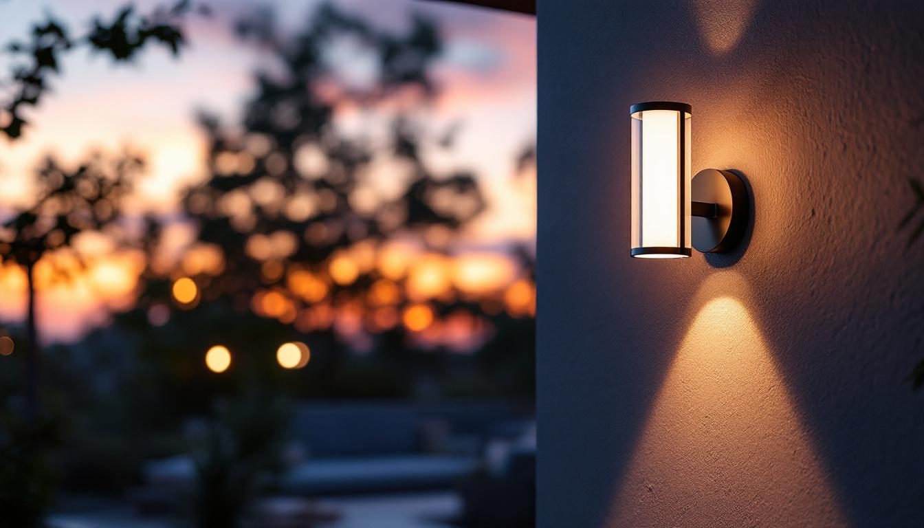 A photograph of a beautifully designed outside wall mount light fixture illuminating a cozy outdoor space at dusk