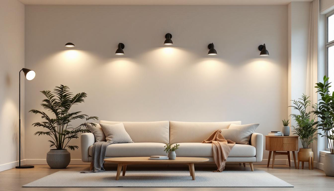 A photograph of a well-lit living space showcasing a variety of stylish household lighting fixtures