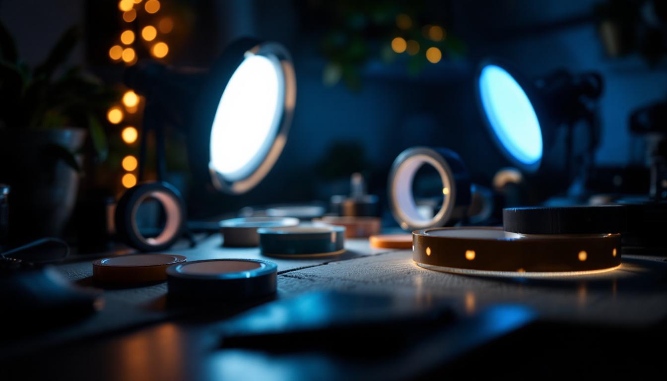 A photograph of a creative lighting setup featuring various types of lighting tape in use