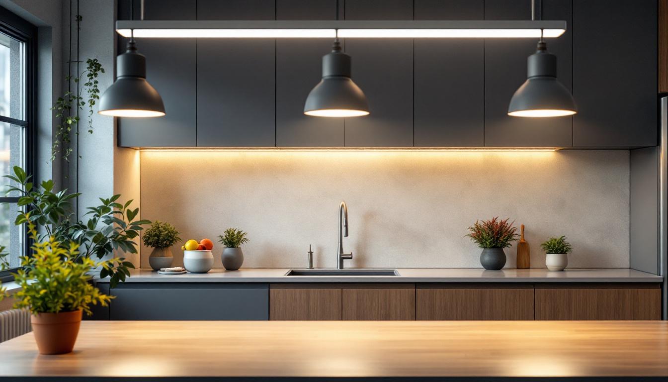 A photograph of a modern kitchen featuring stylish fluorescent light fixtures that highlight the space's functionality and design