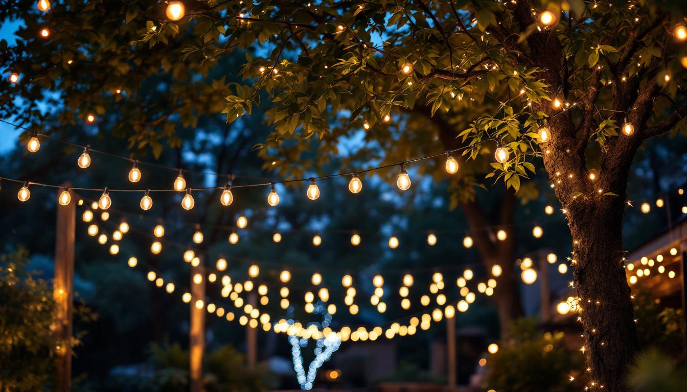 A photograph of a beautifully illuminated outdoor space featuring a variety of string lights elegantly draped across trees or structures