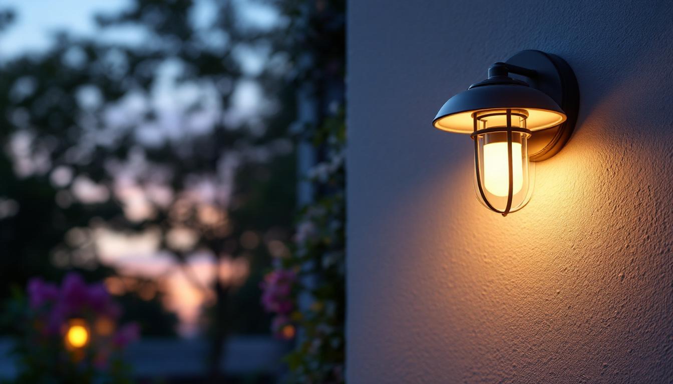 A photograph of a beautifully designed outdoor wall sconce solar light illuminating a charming garden or patio setting during twilight