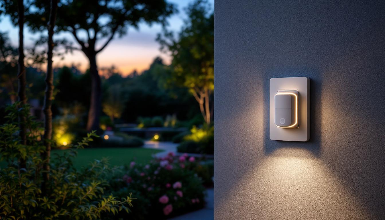 A photograph of a stylish outdoor light sensor switch installed in a beautifully landscaped garden at dusk