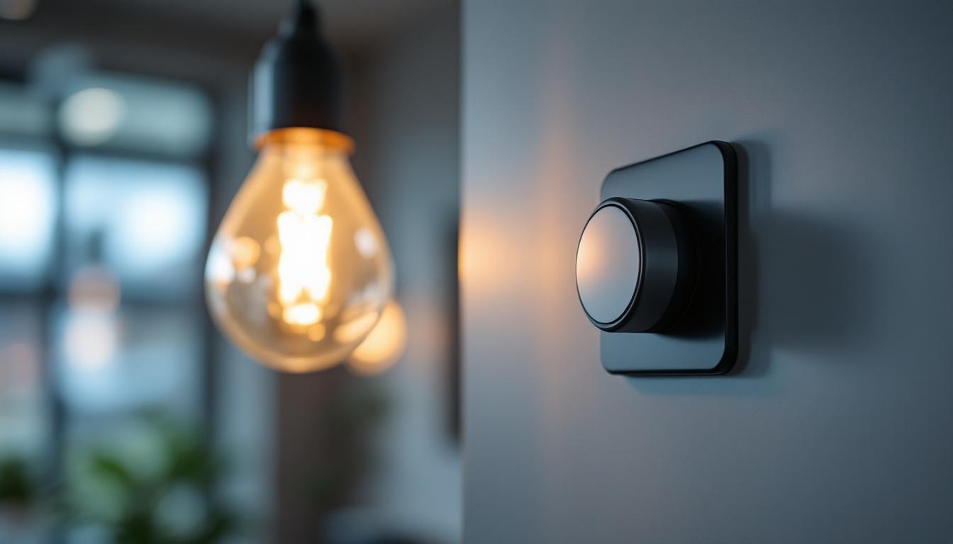 A photograph of a close-up shot of a modern push button electrical switch installed in a stylish lighting fixture