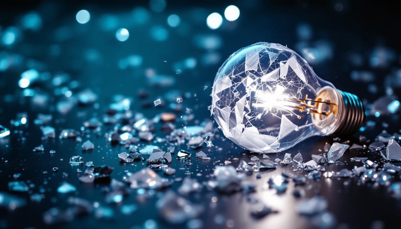 A photograph of a close-up of a shattered fluorescent light bulb surrounded by scattered glass shards