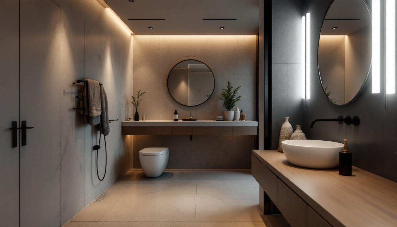 A photograph of a beautifully designed bathroom featuring stylish recessed lighting