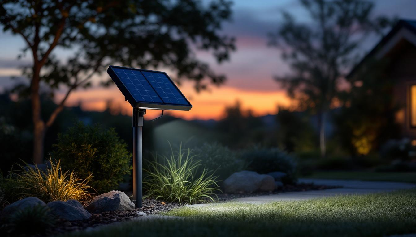 A photograph of a solar flood light illuminating a landscaped area at dusk