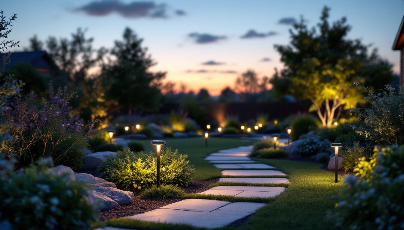A photograph of a beautifully landscaped outdoor space at dusk